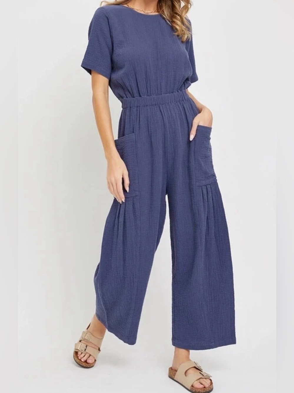Sweet Lovely By Jen Shortsleeved Relaxed Wide-Leg Gauzy Cotton Navy Jumpsuit M
